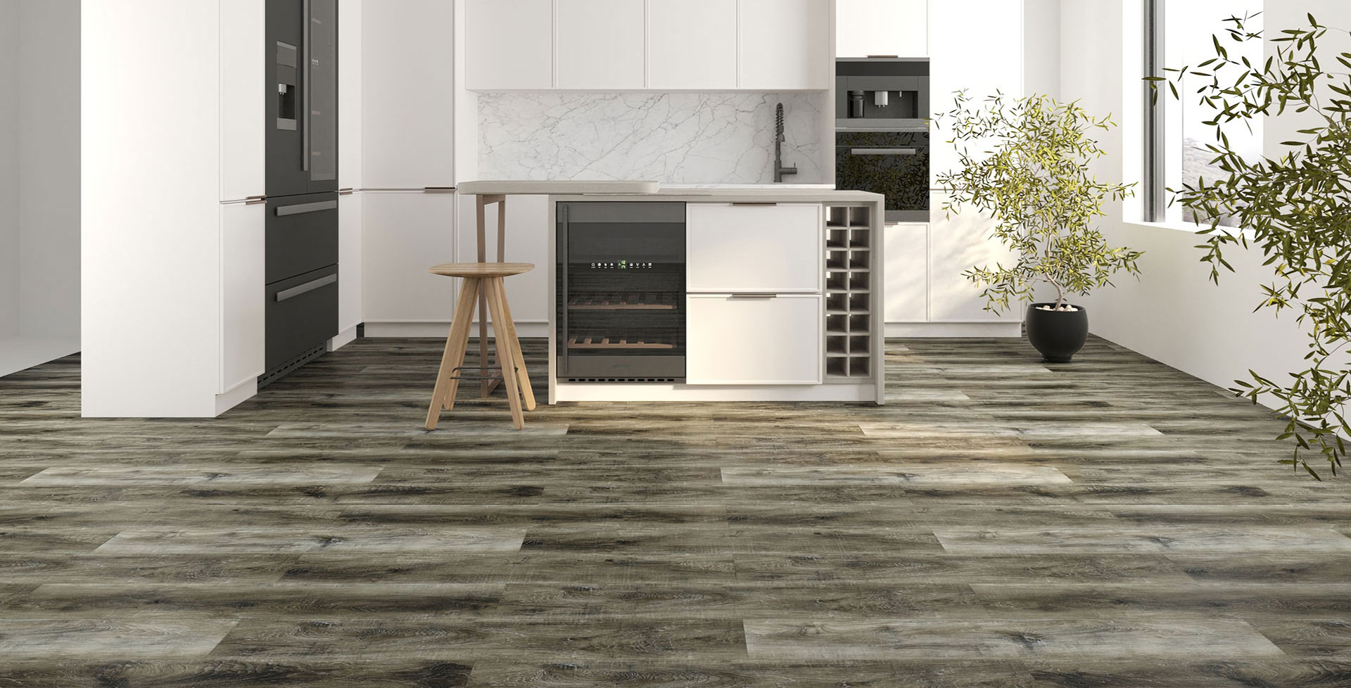 Modern kitchen showroom with flooring display